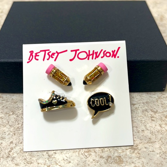 Betsey Johnson Back To Cool Pencil, Sneaker & Word Bubble Stud Earring Set NWT - Picture 3 of 4